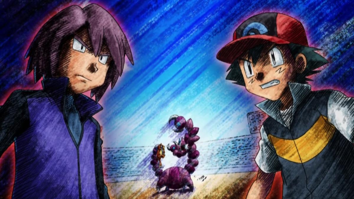 Pokemon anime Ash and Paul facing a Drapion